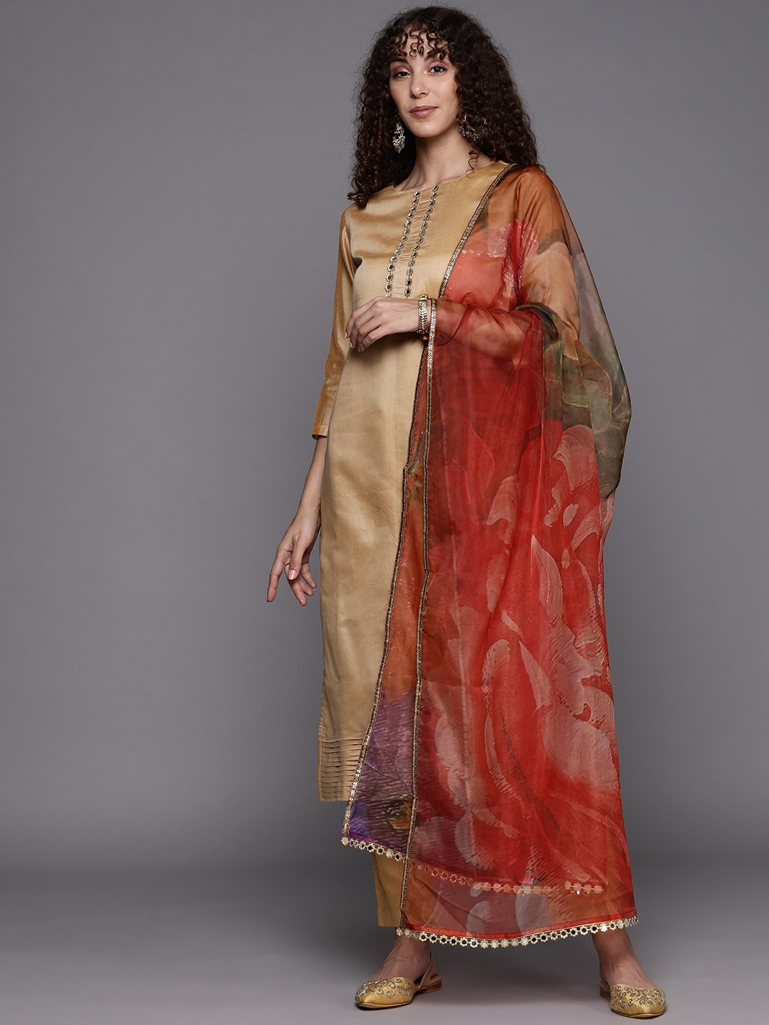 

Inddus Mirror Work Chanderi Cotton Straight Kurta With Trousers & Dupatta, Mustard