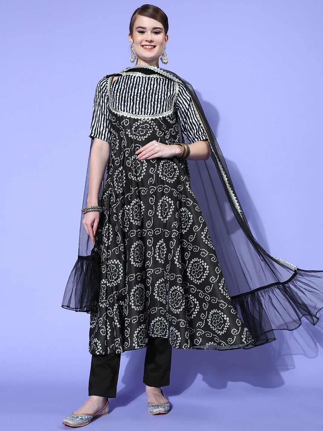 

Inddus Bandhani Printed Kurta With Trousers & Dupatta, Black