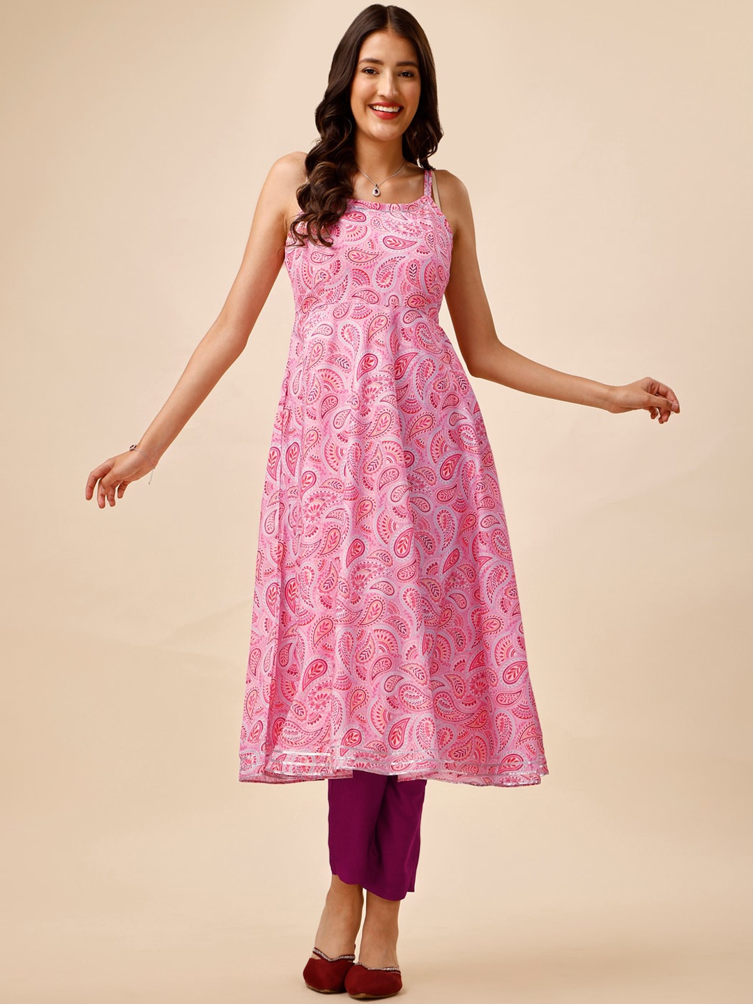 

Inddus Paisley Printed Shoulder Straps A-line Kurta with Trousers, Pink