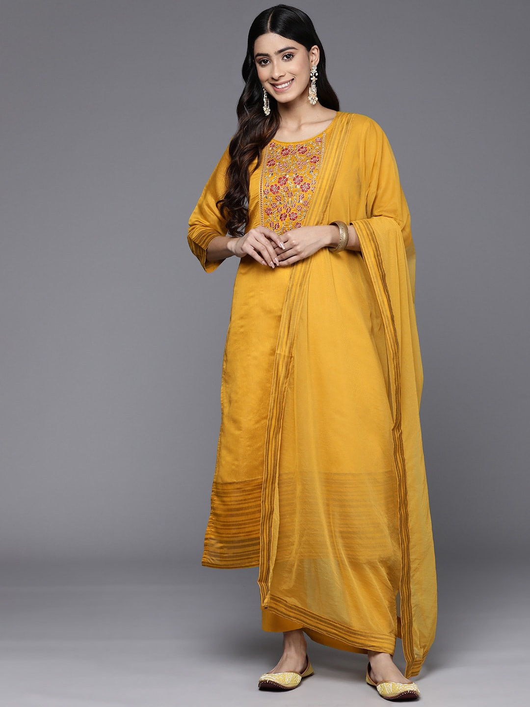 

Inddus Floral Yoke Design Thread Work Chanderi Cotton Kurta With Trousers & Dupatta, Mustard