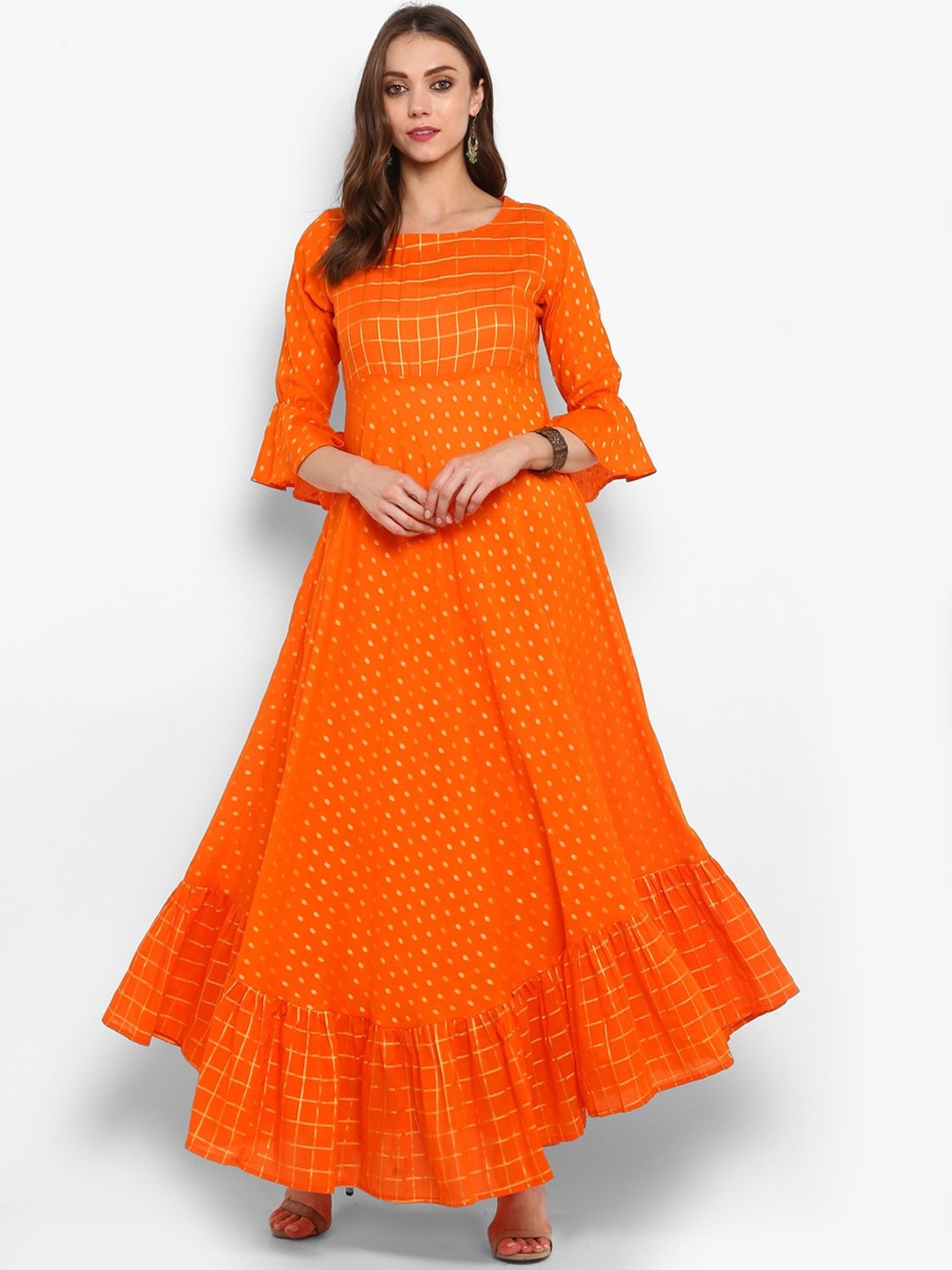 

KALINI Checked Bell Sleeves Pure Cotton Anarkali Kurta, Orange