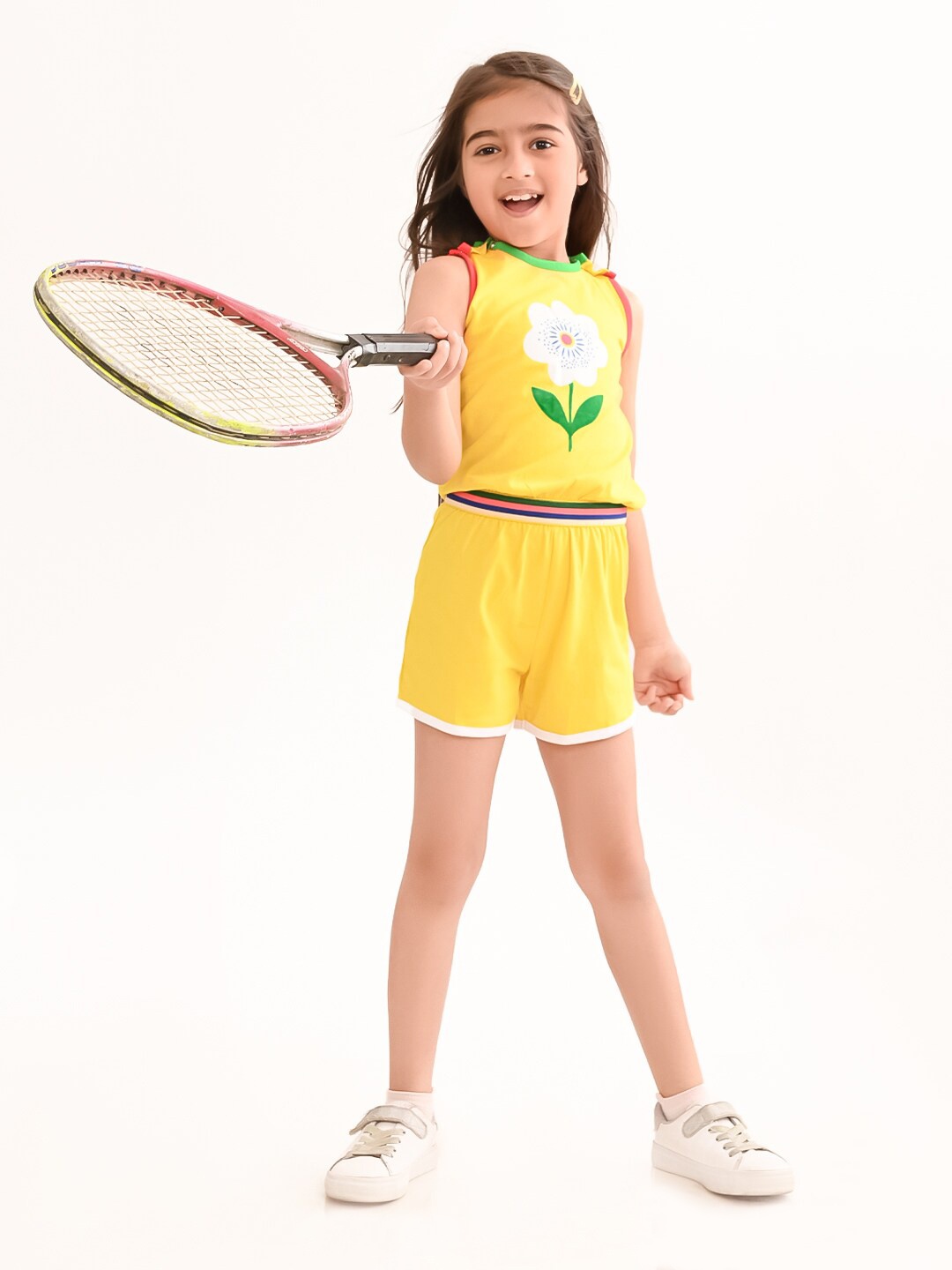 

BONKIDS Girls Floral Printed Sleeveless Pure Cotton Top With Shorts, Yellow