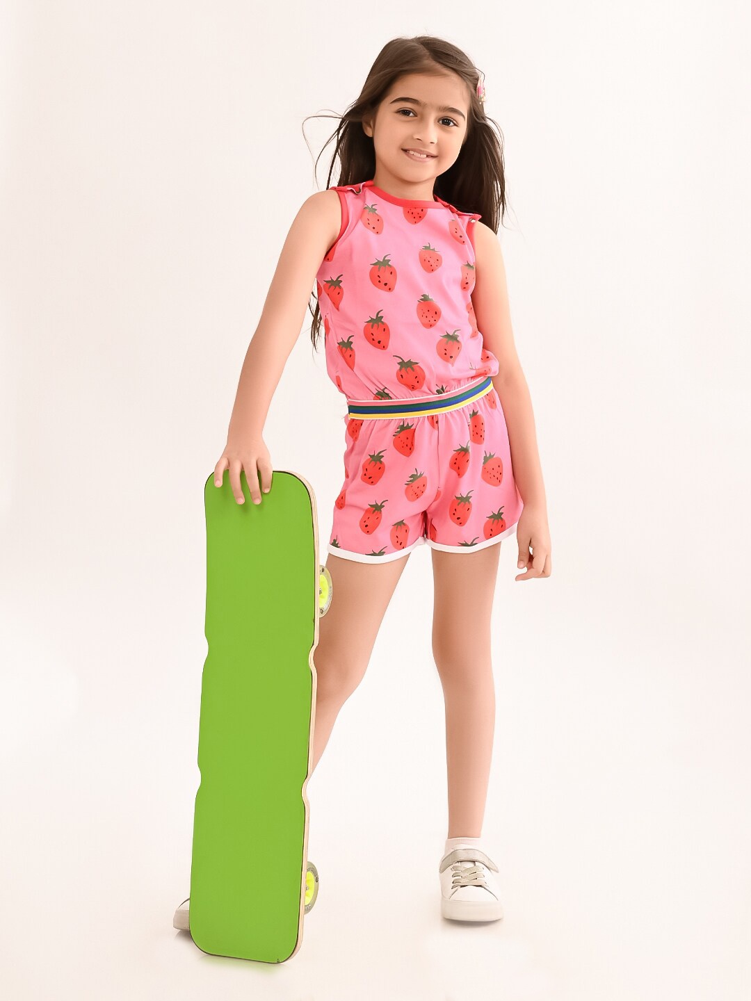 

BONKIDS Girls Strawberry Printed Sleeveless Pure Cotton Top With Shorts, Pink