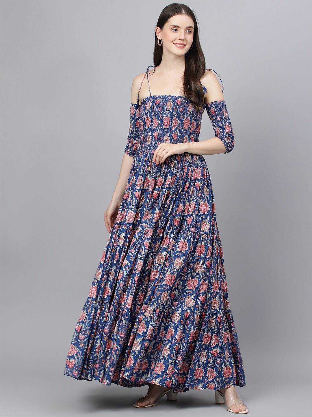 

KALINI Floral Printed Smocked Cotton Fit & Flare Maxi Dress, Blue