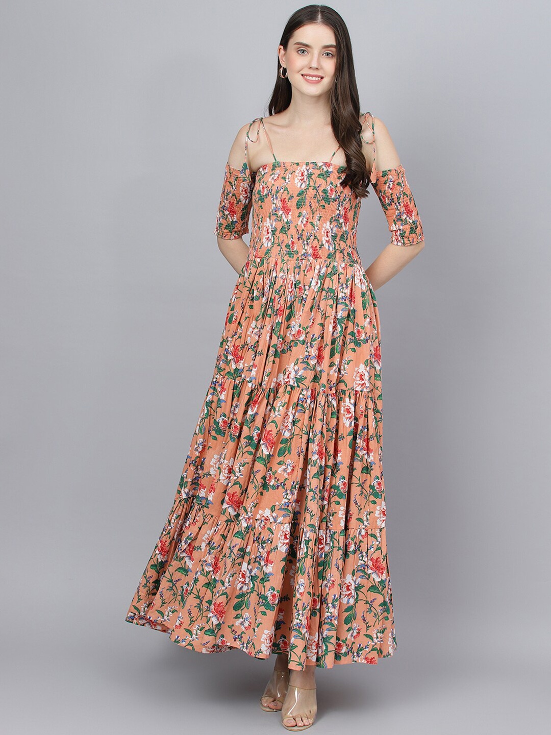 

KALINI Floral Printed Shoulder Straps Smocked Tiered Cotton Maxi Dress, Peach
