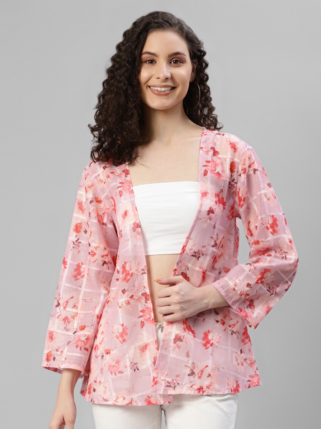 

DEEBACO Floral Printed Linen Open Front Shrug, Pink