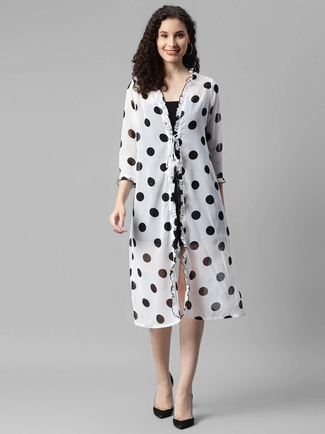 

DEEBACO Polka Dots Printed Longline Tie-Up Shrug, White