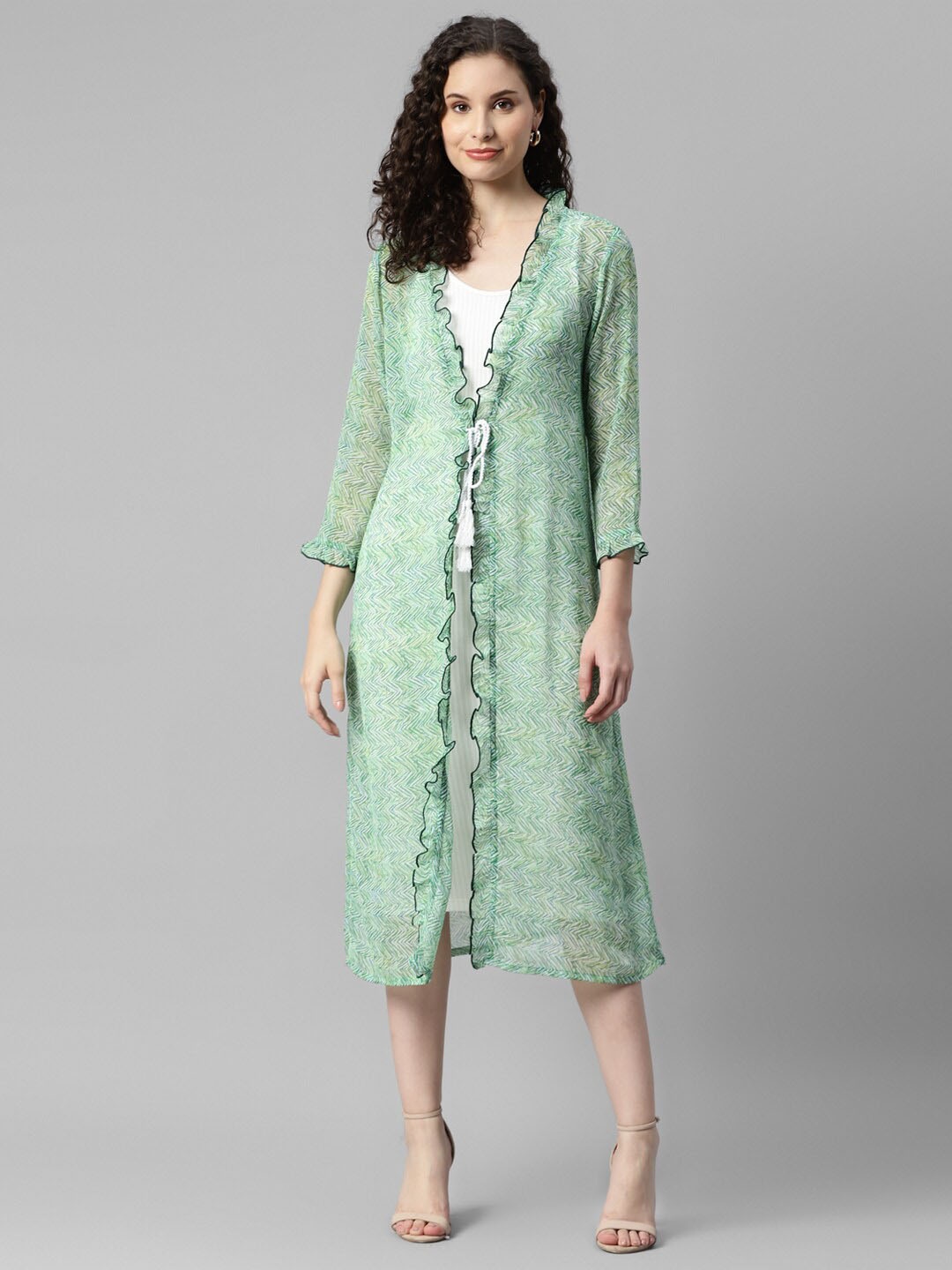 

DEEBACO Printed Ruffles Longline Open Front Shrug, Green