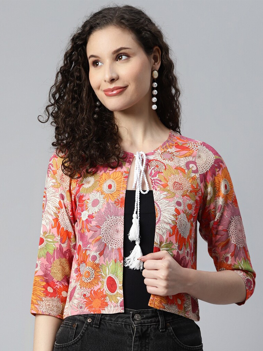 

DEEBACO Floral Printed Crop Tie-Up Shrug, Red