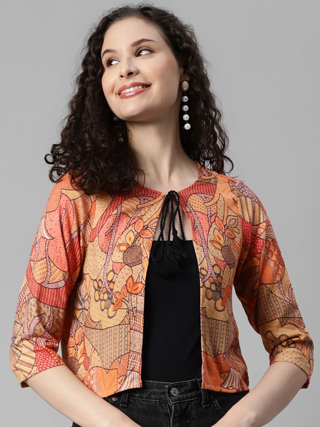 

DEEBACO Abstract Printed Crop Tie-Up Shrug, Red