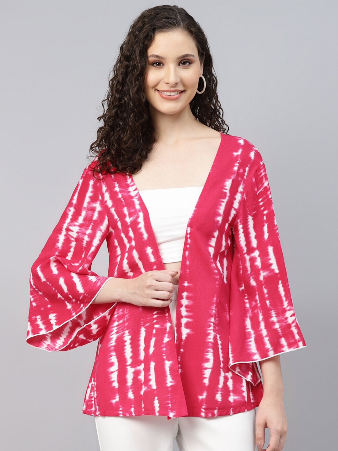 

DEEBACO Tie & Dye Printed Longline Shrug, Magenta