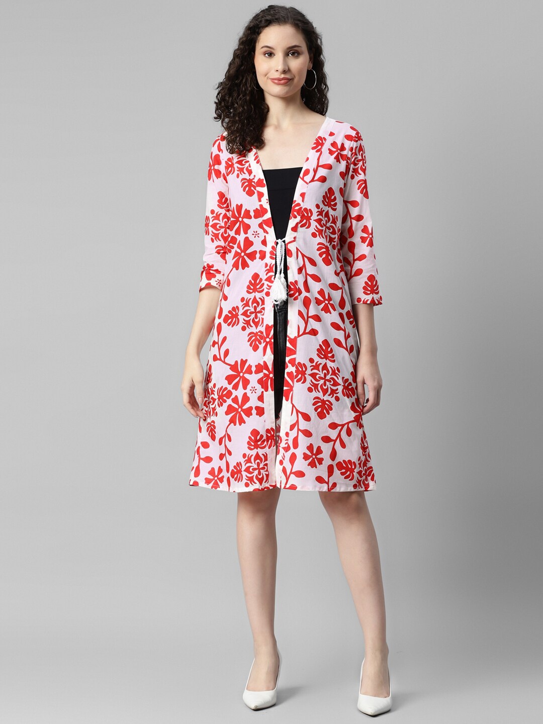 

DEEBACO Floral Printed Longline Tie-Up Shrug, Red