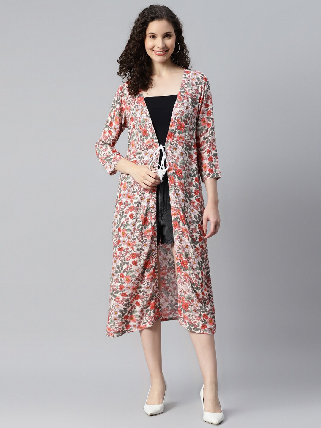 

DEEBACO Floral Printed Longline Tie Up Shrug, White