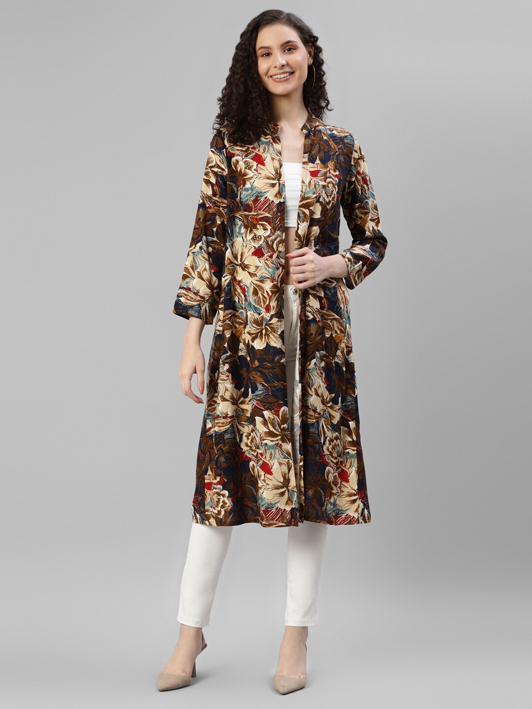 DEEBACO Floral Printed Longline Shrug, Brown