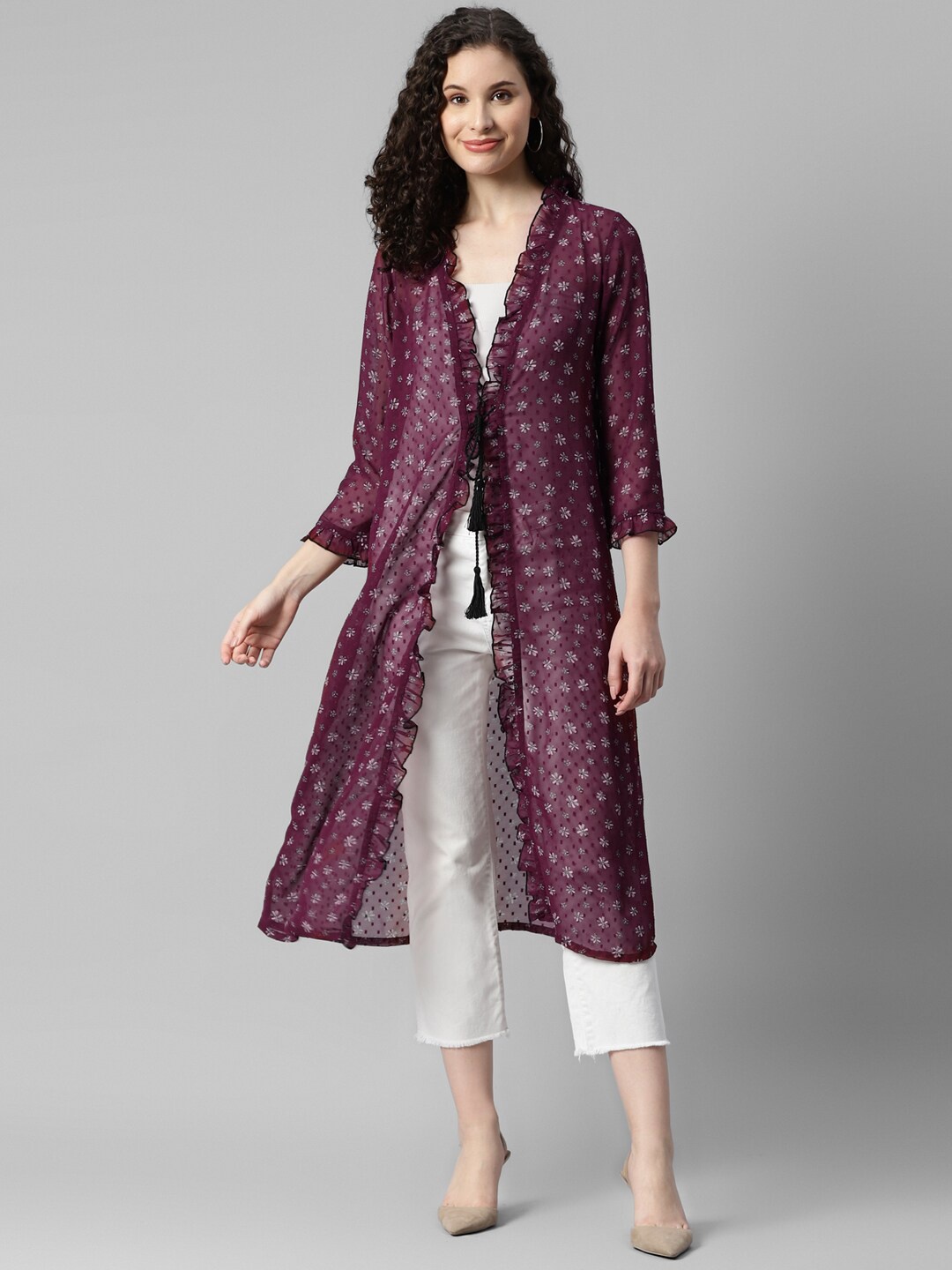 

DEEBACO Floral Printed Longline Tie-Up Shrug, Maroon
