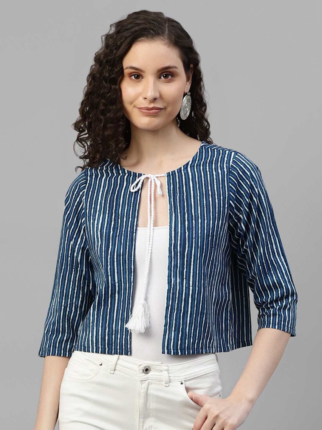 

DEEBACO Striped Cotton Tie-Up Crop Shrug, Navy blue