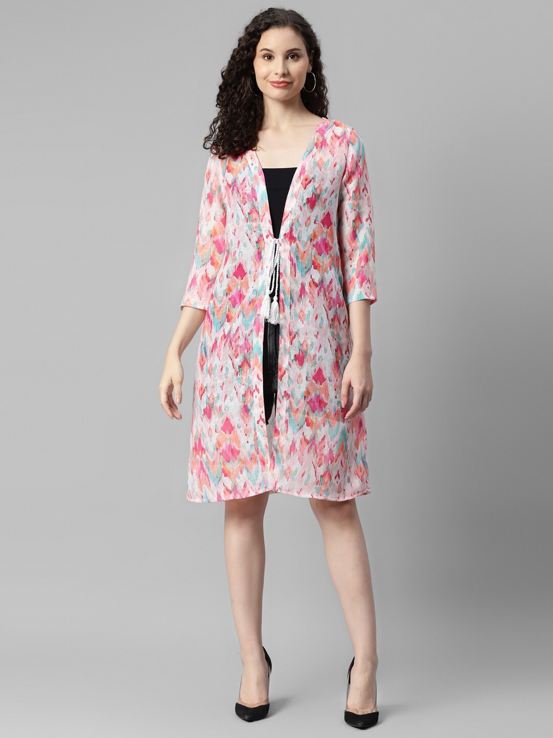 DEEBACO Abstract Printed Longline Tie-Up Shrug, Pink
