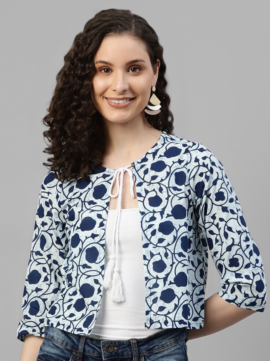 

DEEBACO Floral Printed Cotton Crop Tie-Up Shrug, White