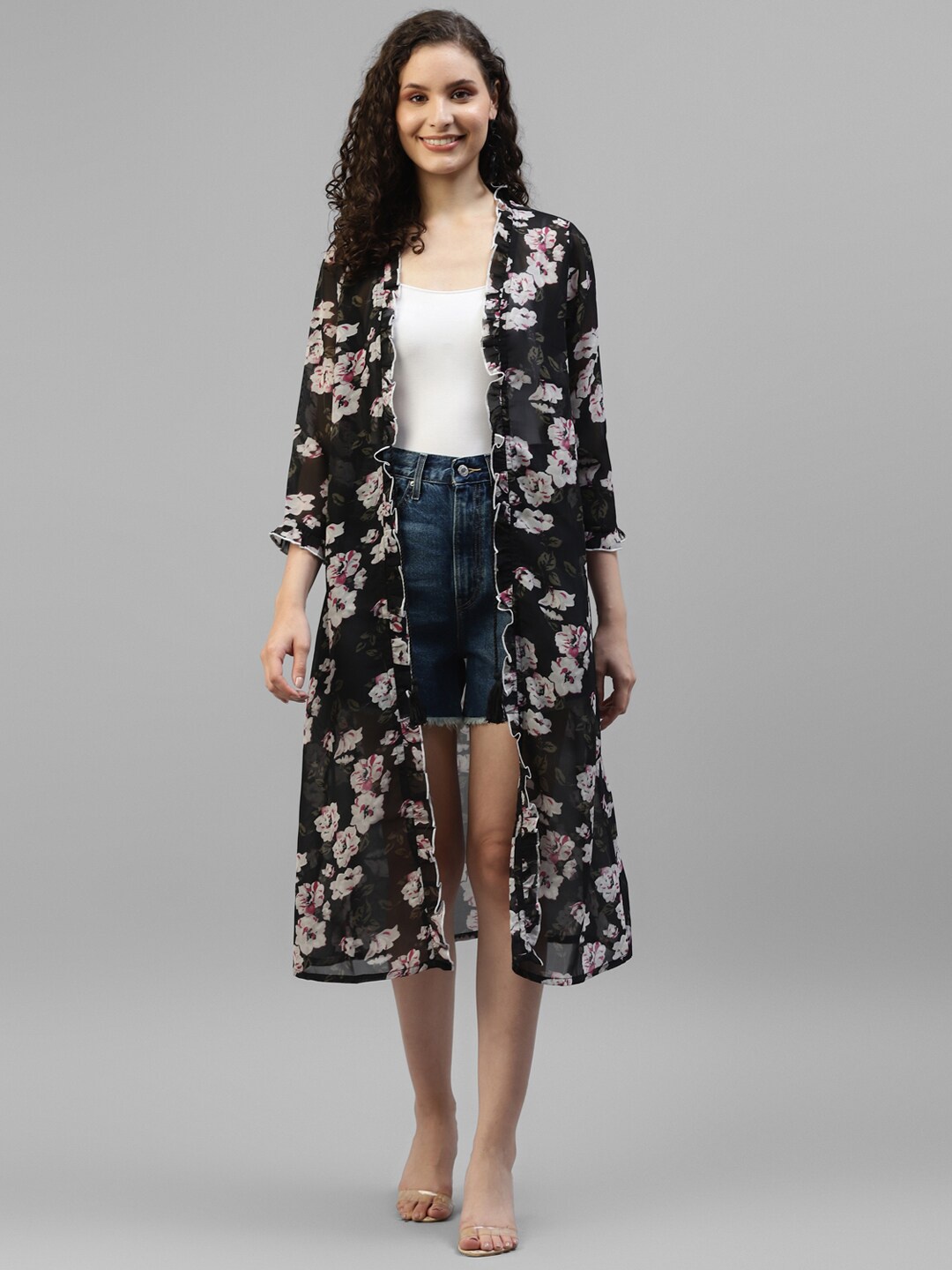 

DEEBACO Floral Printed Ruffles Longline Open Front Shrug, Black