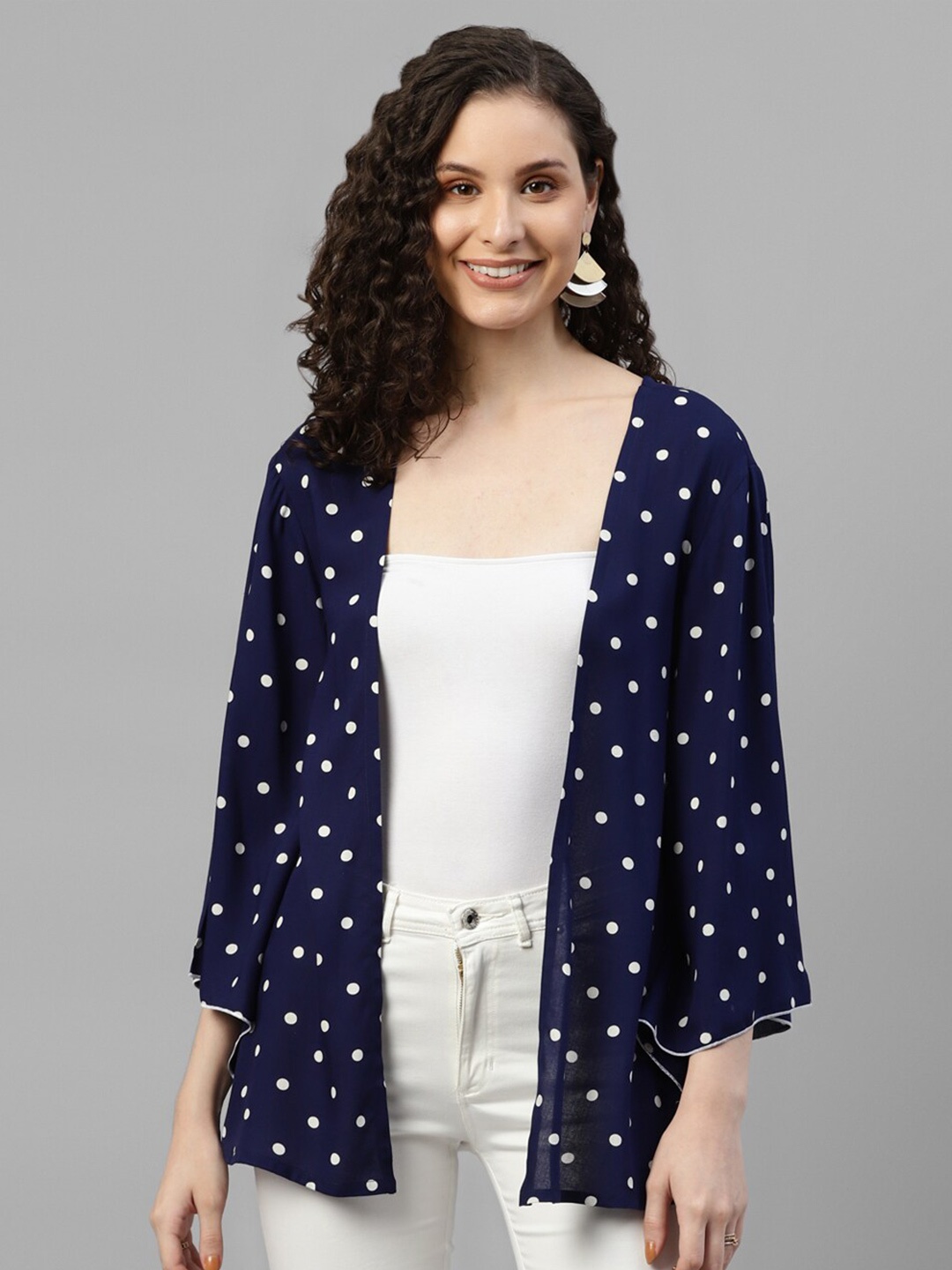 

DEEBACO Polka Dots Printed Open Front Shrug, Navy blue