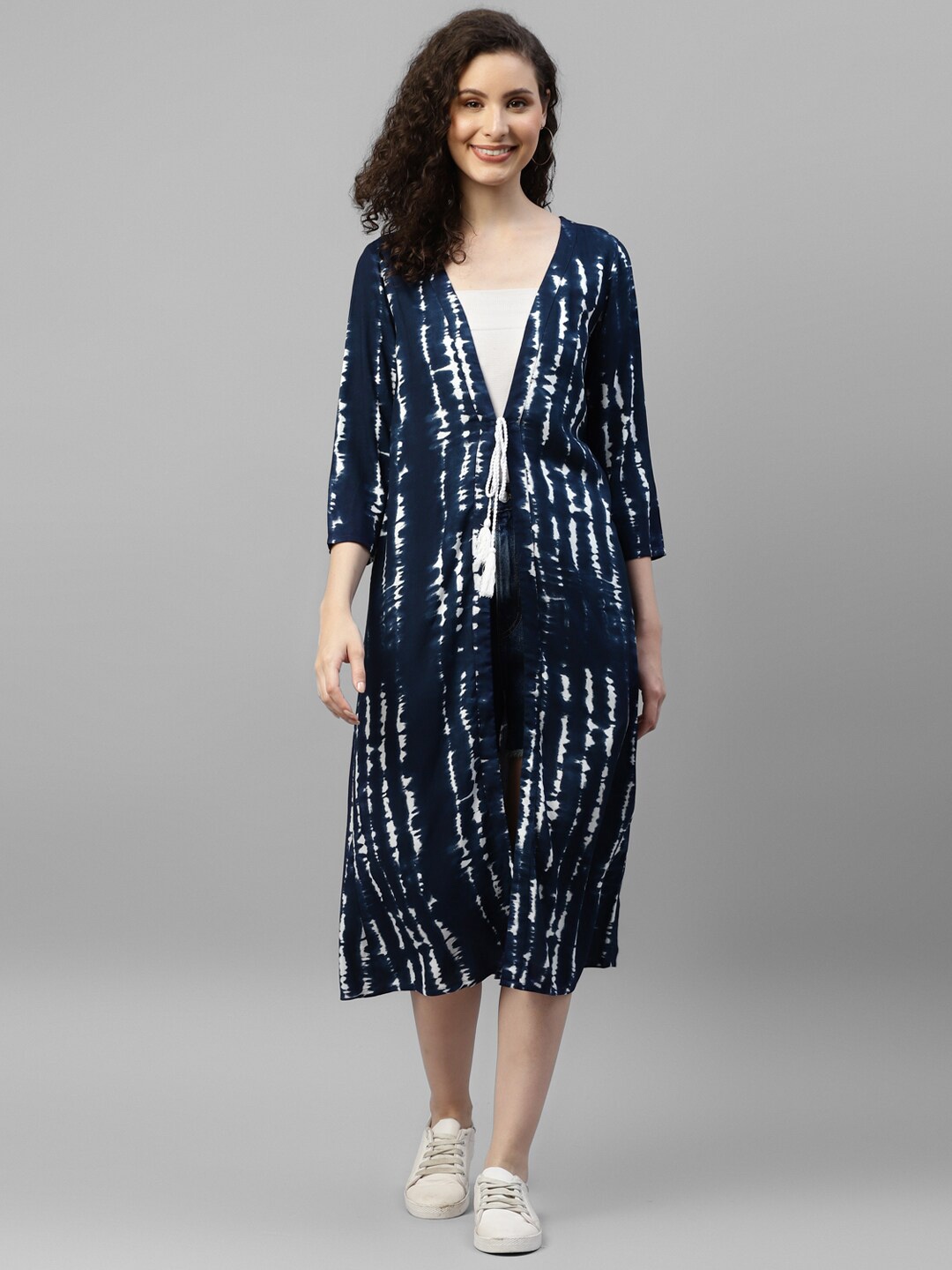 

DEEBACO Tie & Dye Longline Cotton Tie-Up Shrug, Navy blue