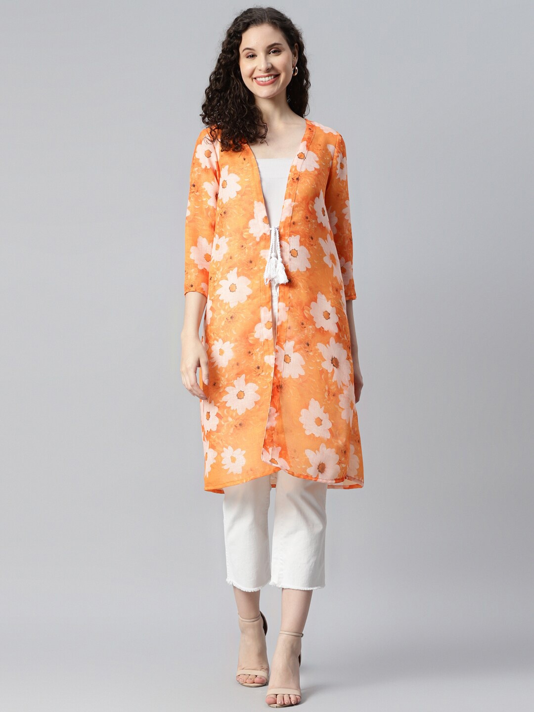 

DEEBACO Floral Printed Longline Tie-Up Shrug, Orange
