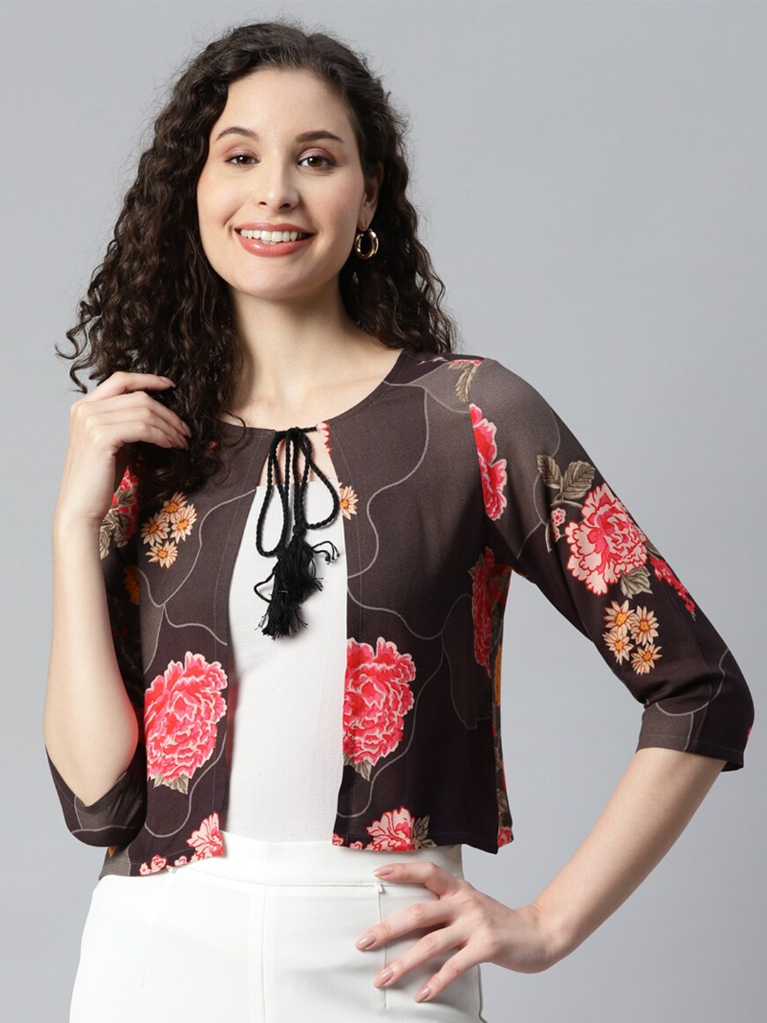 

DEEBACO Floral Printed Crop Tie-Up Shrug, Brown