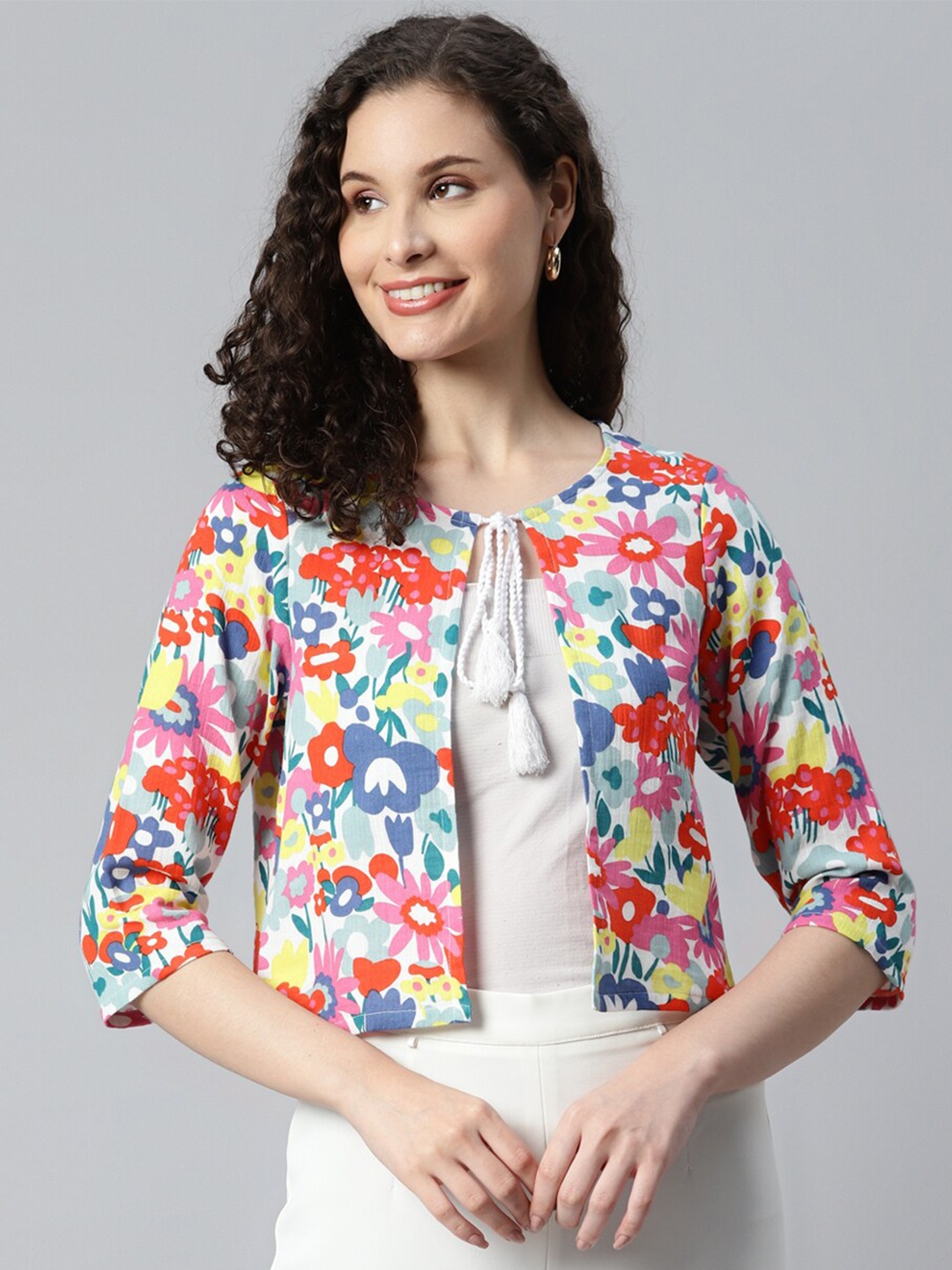 

DEEBACO Floral Printed Crop Tie-Up Shrug, Blue
