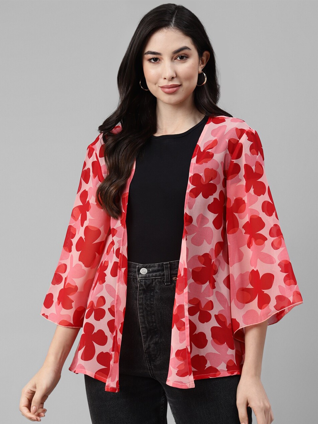 

DEEBACO Floral Printed Open Front Shrug, Red