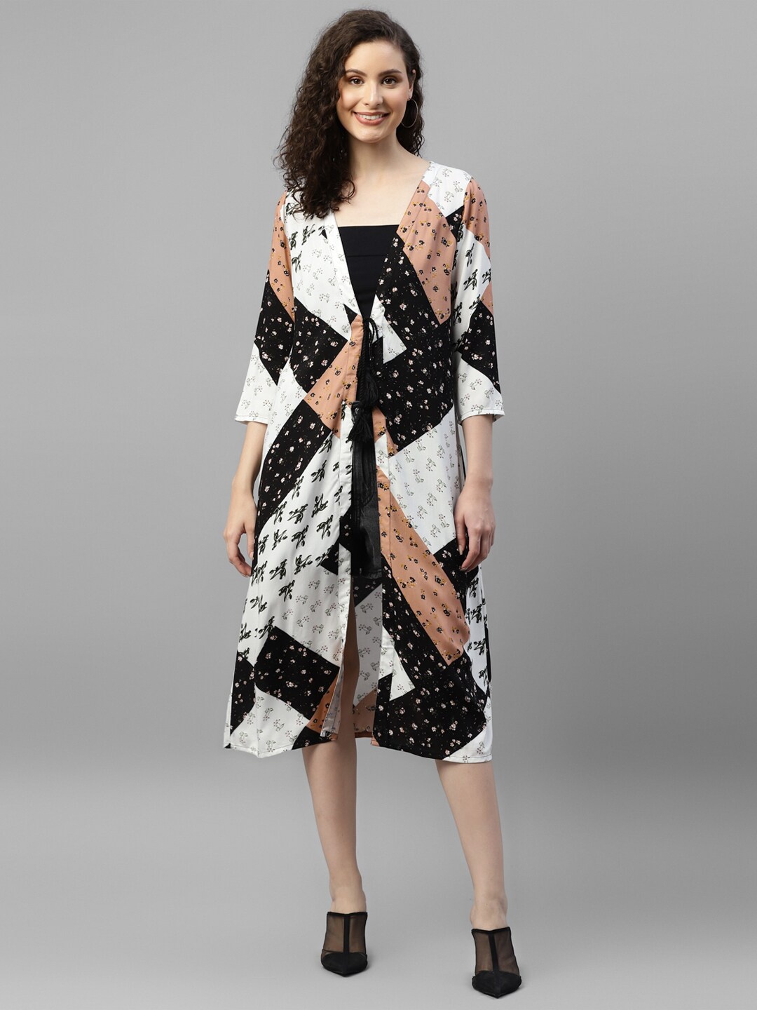 

DEEBACO Floral Printed Longline Tie-Up Shrug, Black