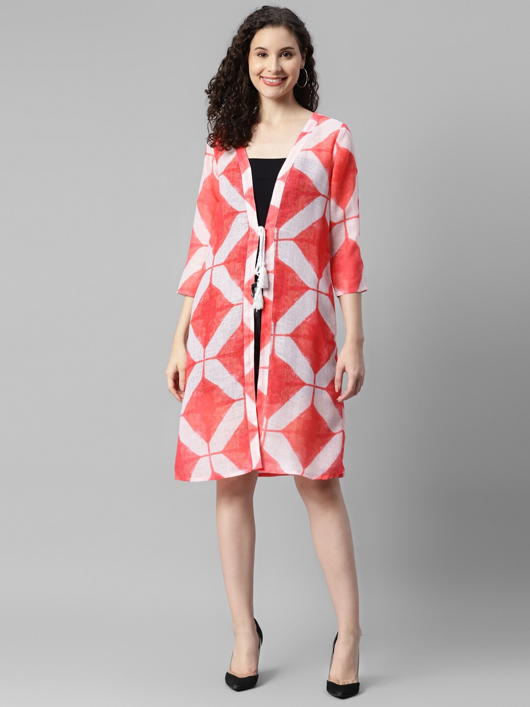 

DEEBACO Geometric Printed Longline Tie Up Shrug, Red