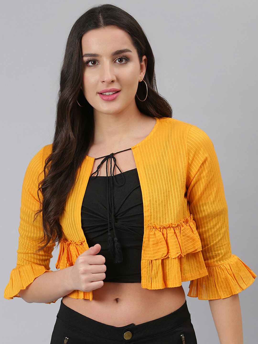 

DEEBACO Striped Cotton Tie Up Shrug, Yellow