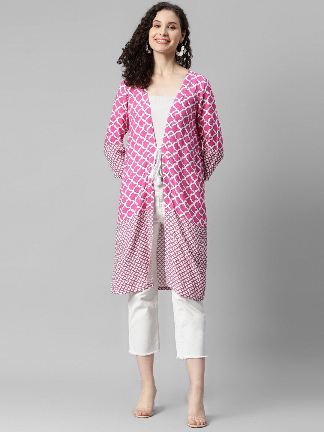 

DEEBACO Geometric Printed Longline Tie-Up Shrug, Pink