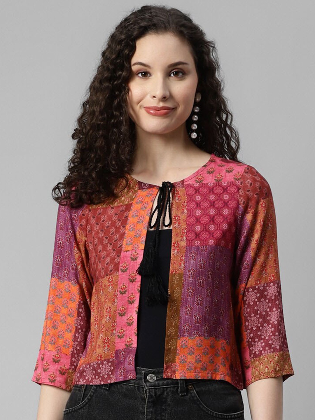 

DEEBACO Ethnic Motifs Printed Cotton Crop Tie-Up Shrug, Pink
