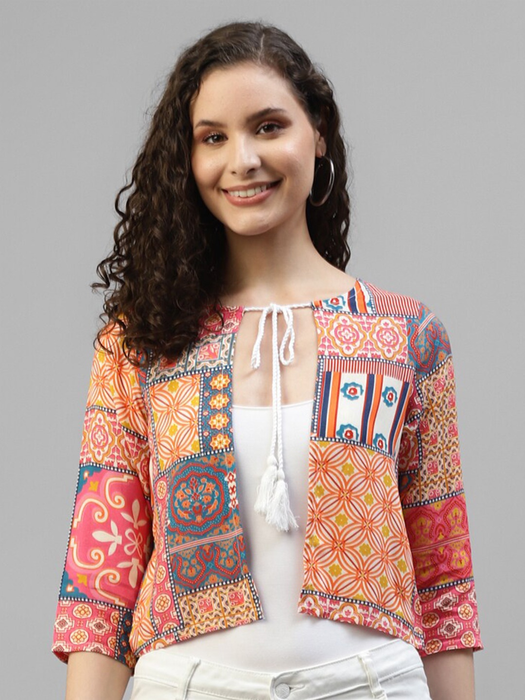 

DEEBACO Ethnic Printed Crop Tie-Up Shrug, Red