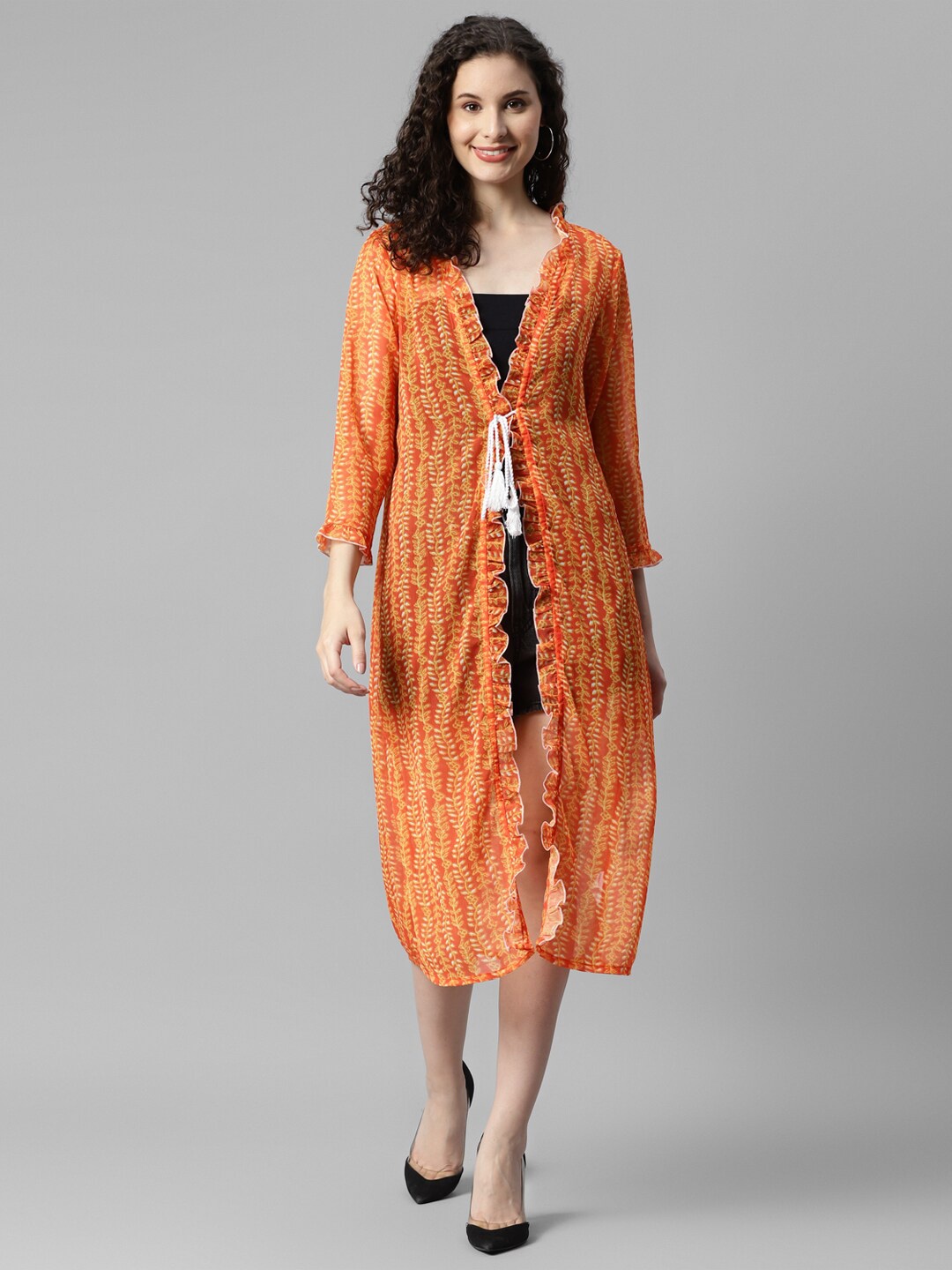 

DEEBACO Floral Printed Longline Tie Up Shrug, Orange