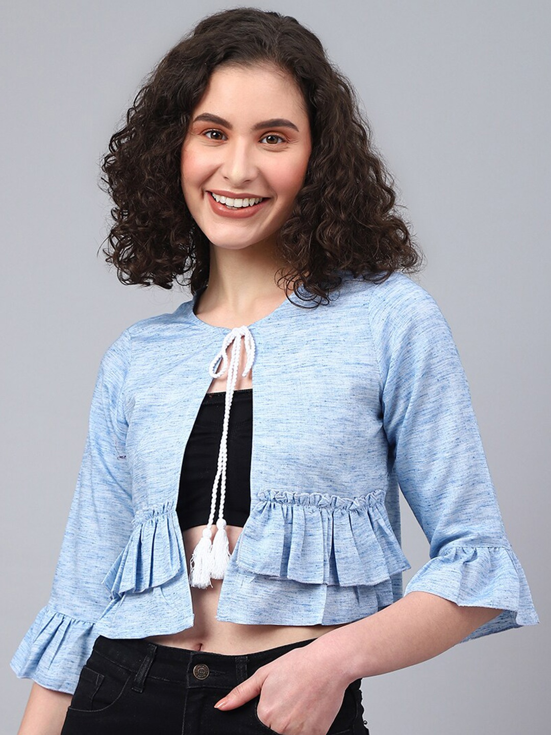 

DEEBACO Tie-Up Neck Crop Shrug, Blue