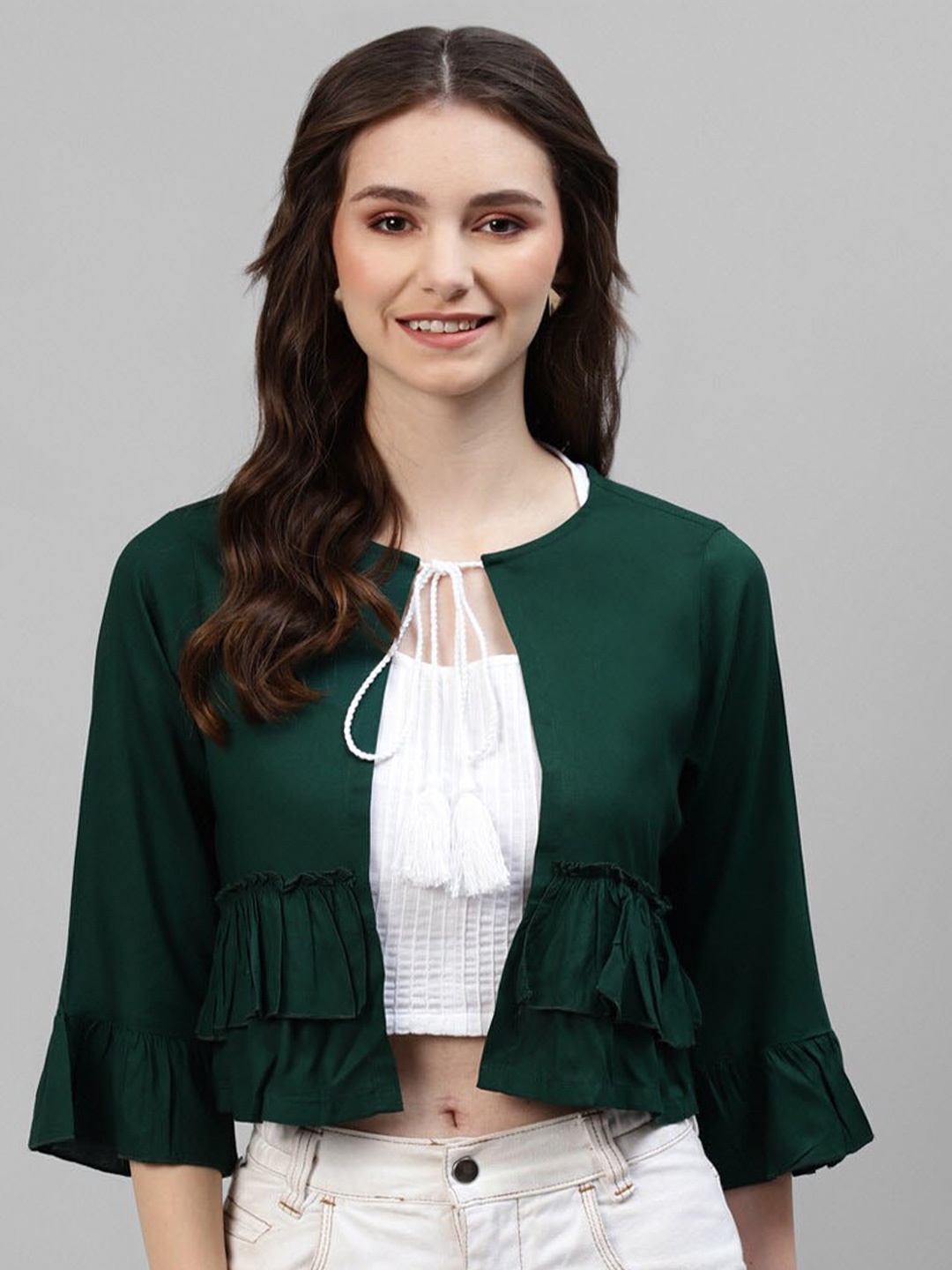

DEEBACO Cotton Tie-Up Crop Shrug, Green