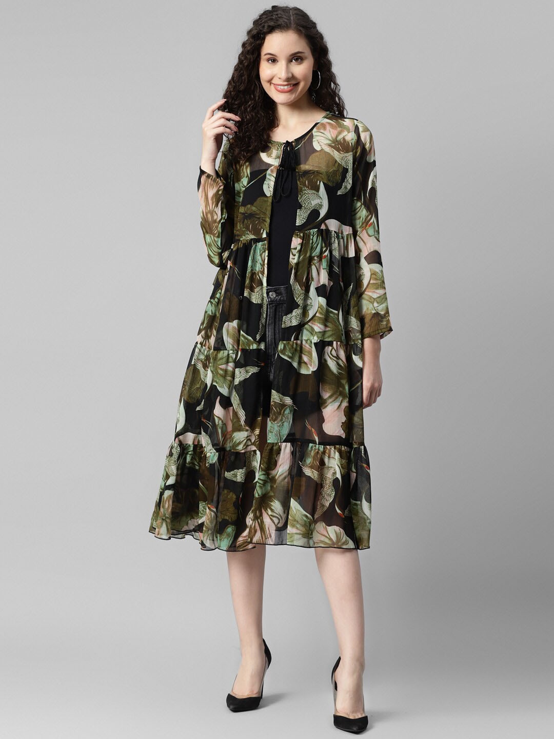 

DEEBACO Printed Longline Tie-Up Shrug, Green
