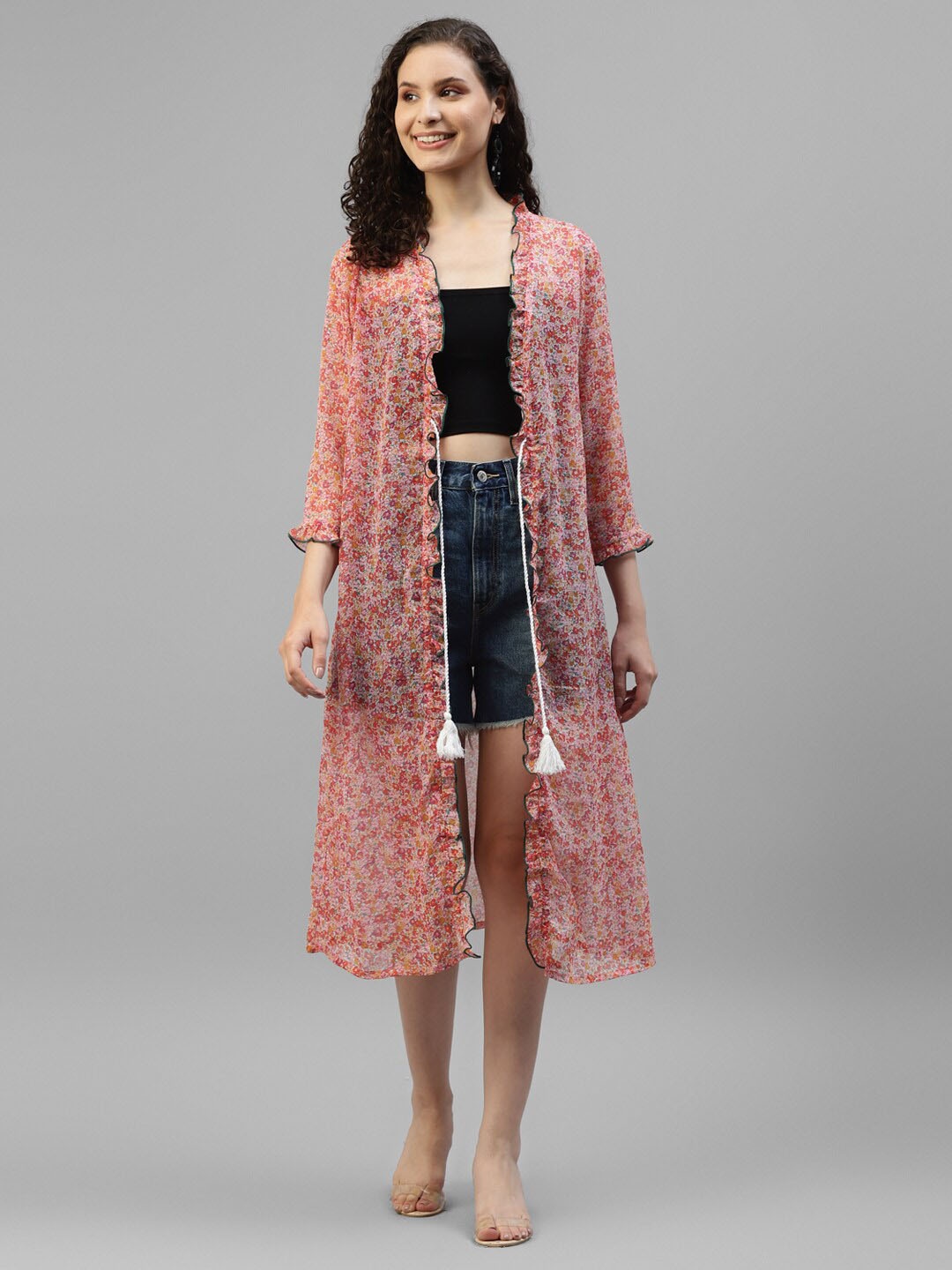 DEEBACO Floral Printed Longline Tie-Up Shrug, Pink