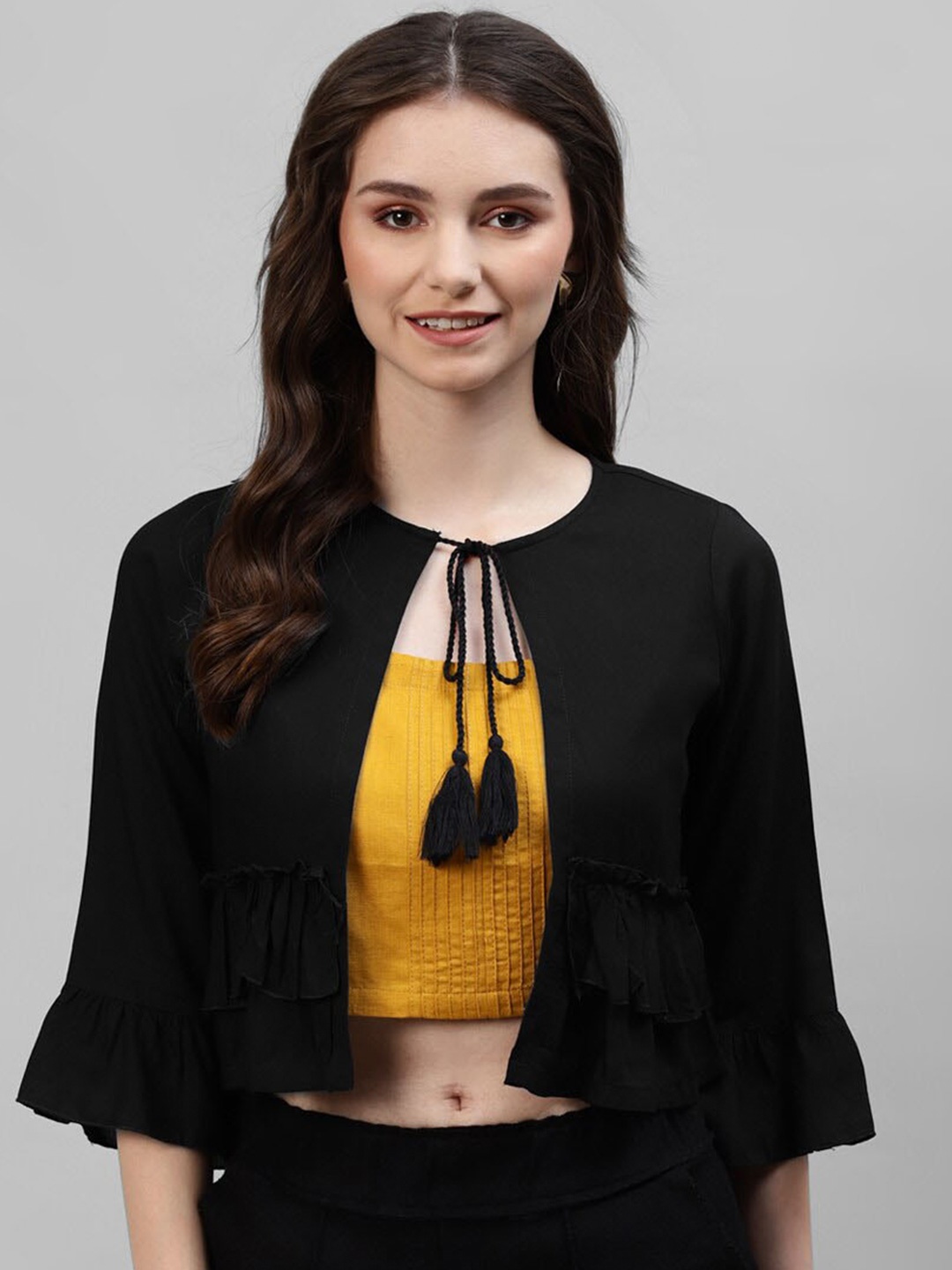 

DEEBACO Tie-Up Neck Crop Shrug, Black