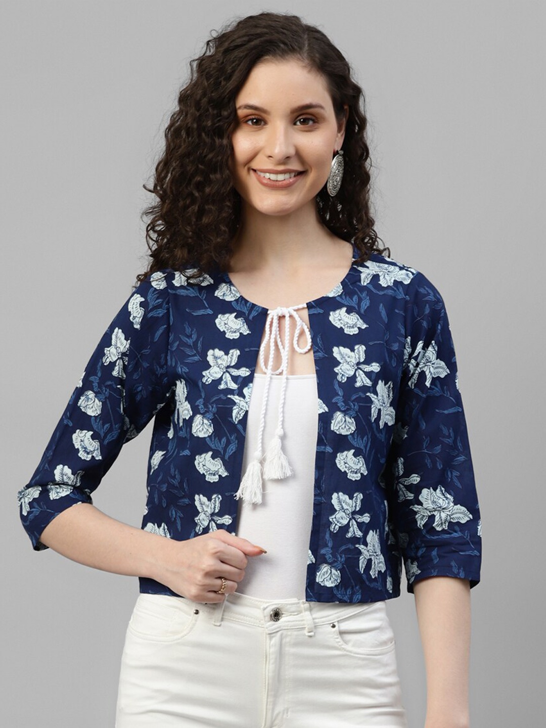 

DEEBACO Floral Printed Cotton Crop Tie-Up Shrug, Navy blue