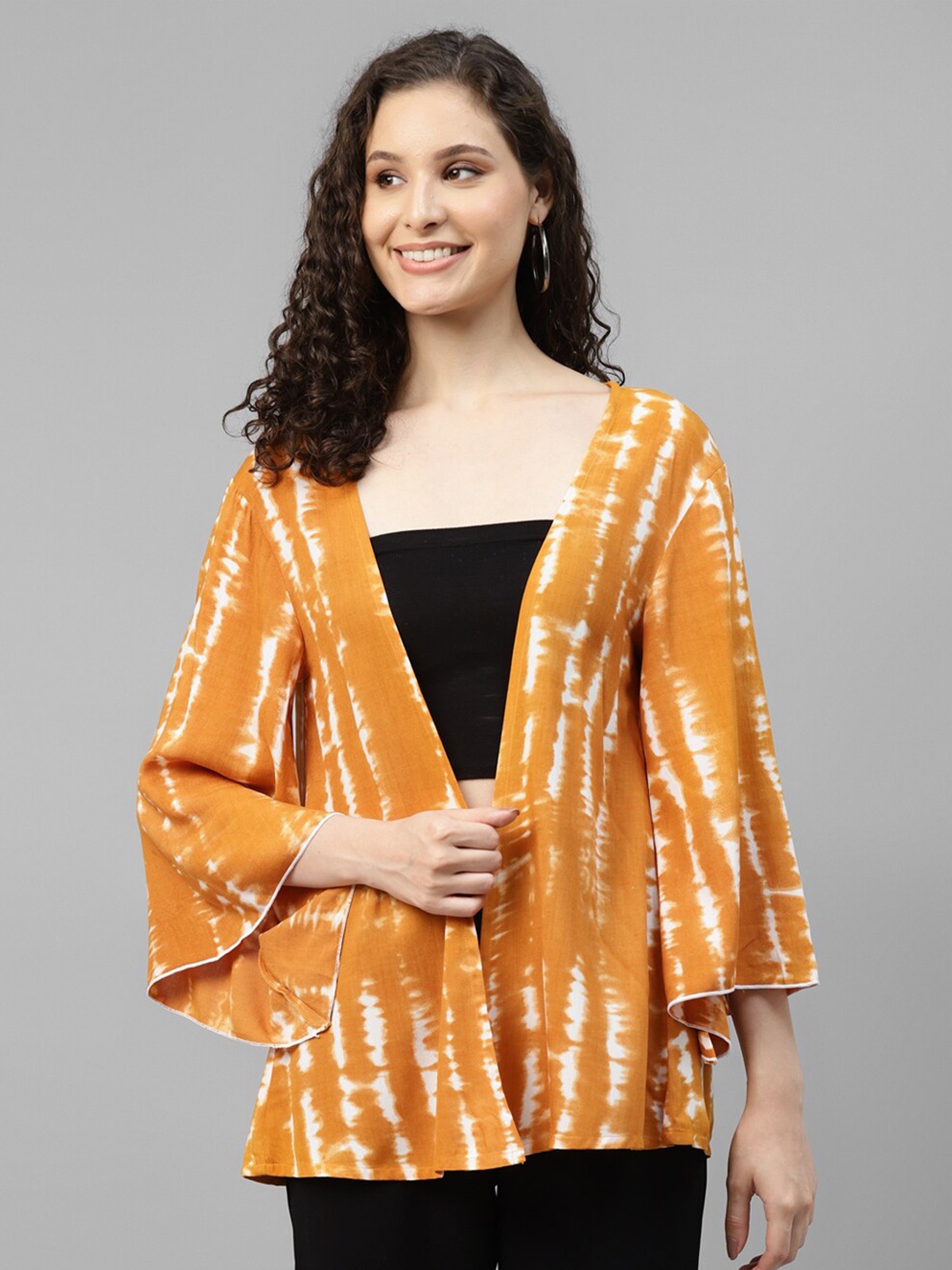 

DEEBACO Tie and Dye Longline Open Front Shrug, Mustard