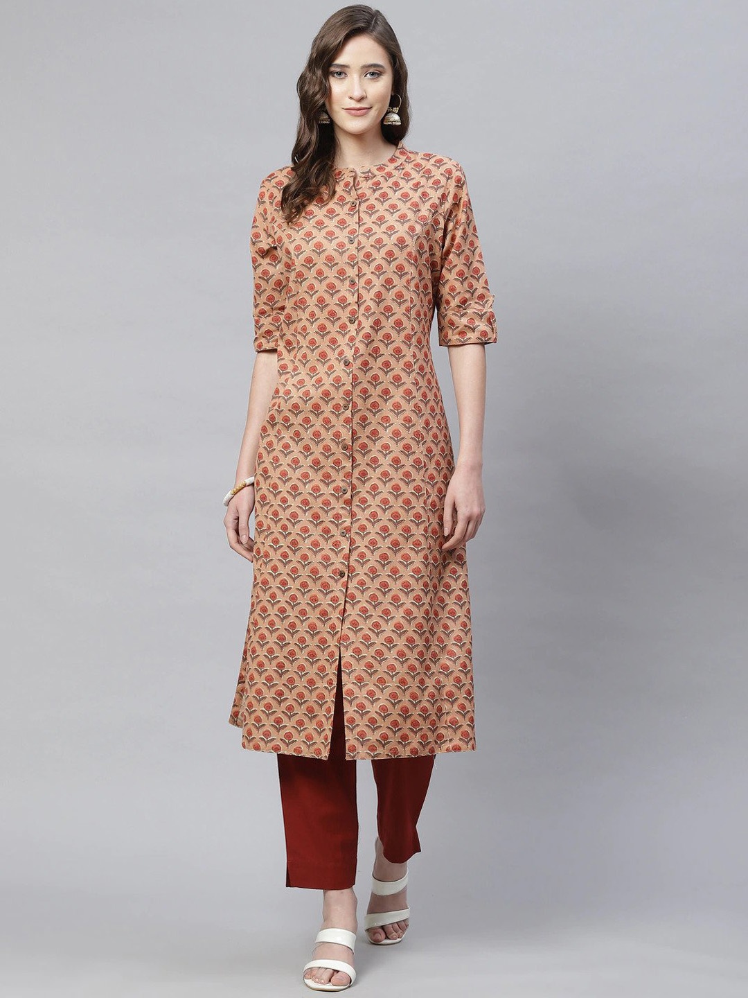 

KALINI Ethnic Motifs Printed Mandarin Collar Cotton Straight Kurta, Peach