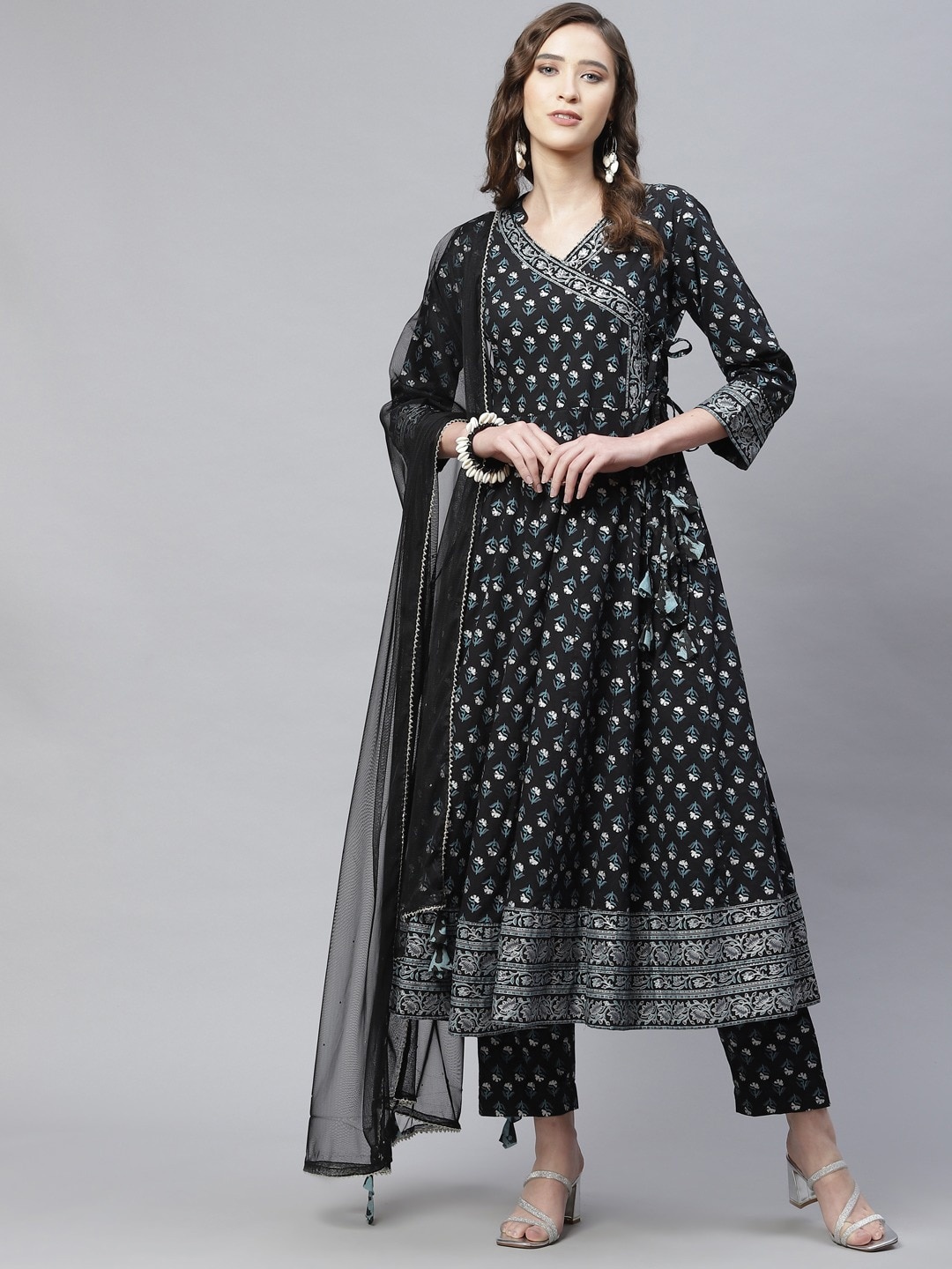 

KALINI Ethnic Motifs Printed Angrakha Pure Cotton Kurta with Trousers & Dupatta, Black