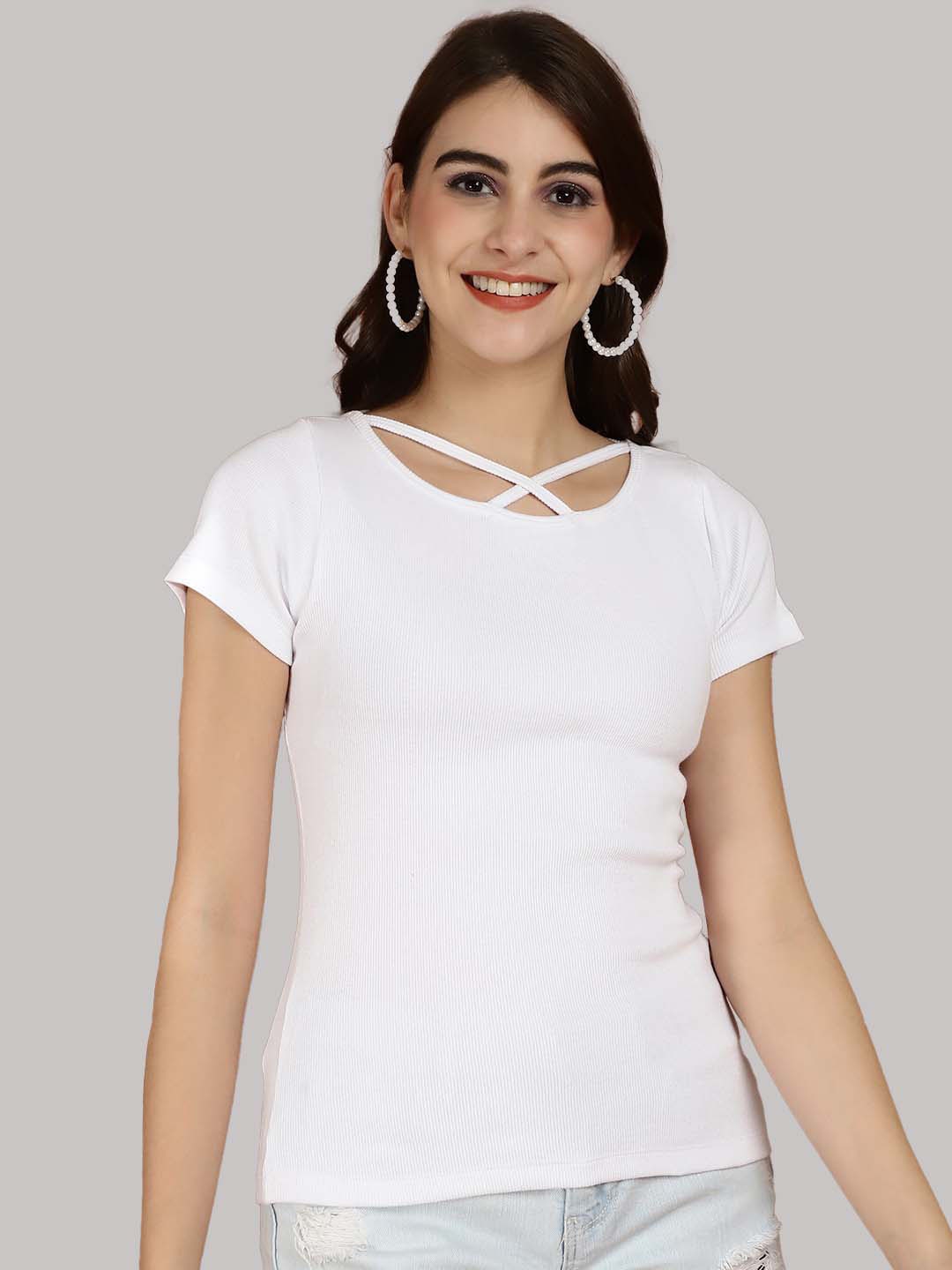 

Friskers Ribbed Round Neck Cotton Fitted Top, White