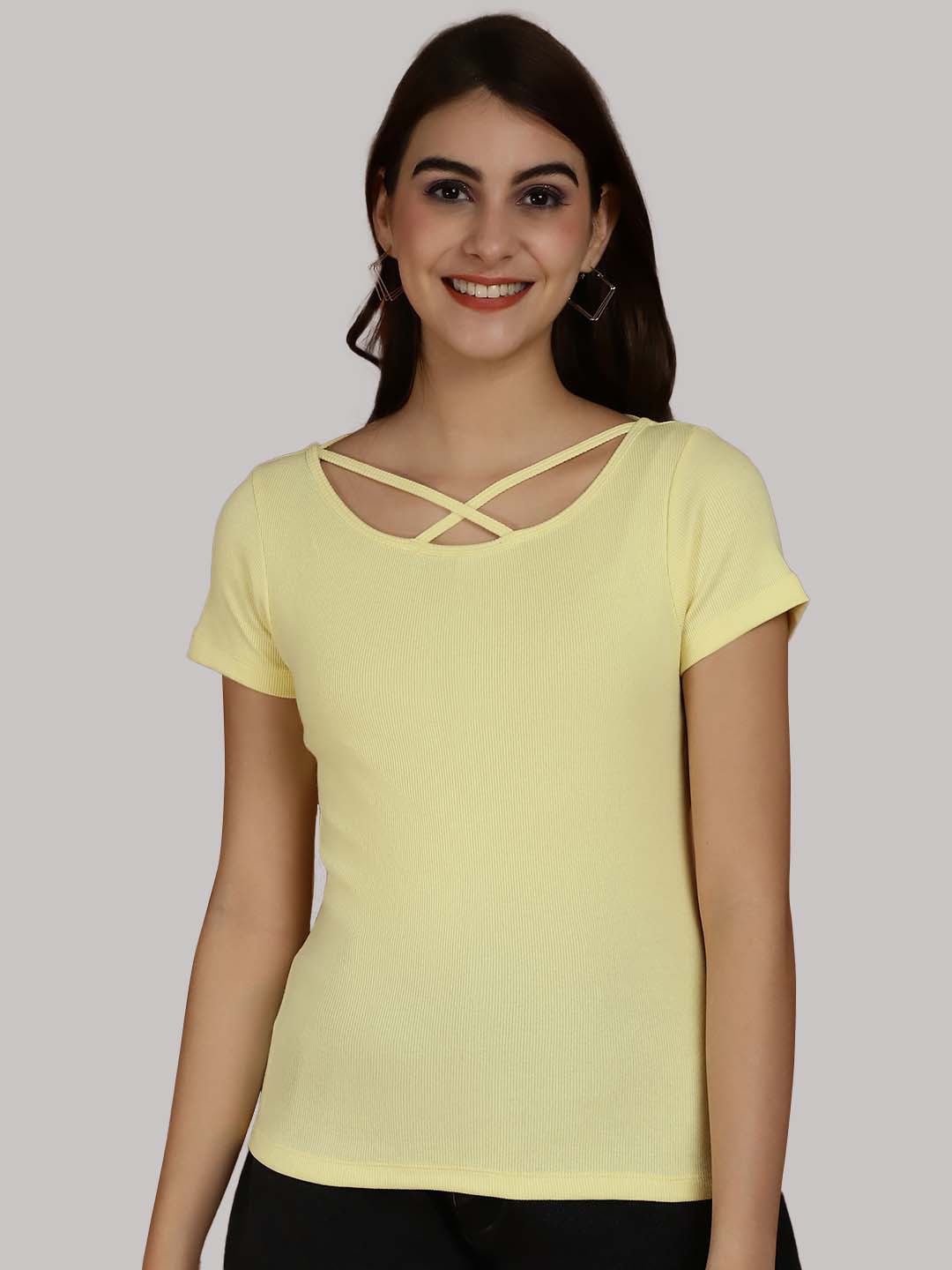 

Friskers Ribbed Round Neck Cotton Fitted Top, Yellow