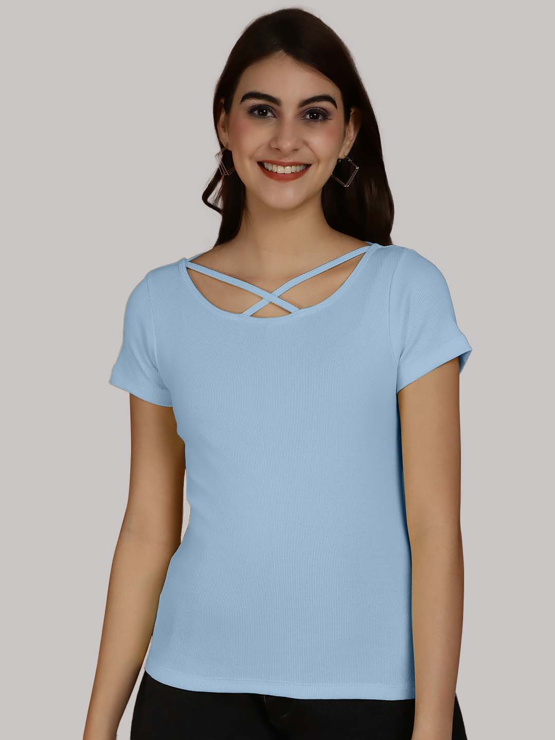 

Friskers Ribbed Round Neck Cotton Fitted Top, Turquoise blue