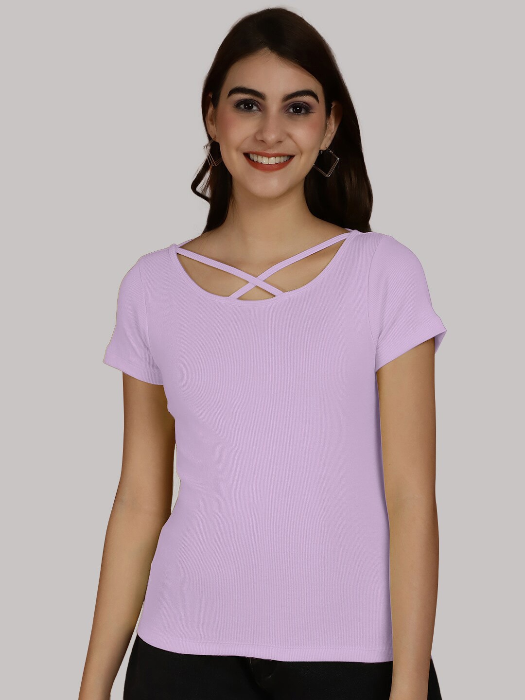

Friskers Ribbed Round Neck Cotton Fitted Top, Purple