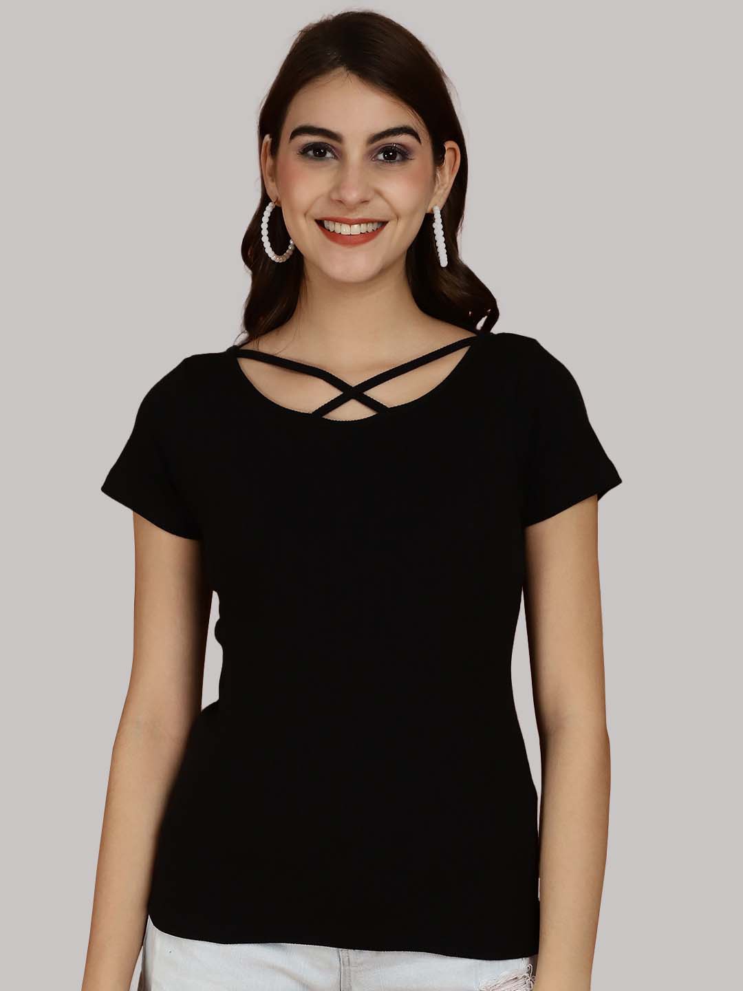 

Friskers Ribbed Round Neck Cotton Fitted Top, Black